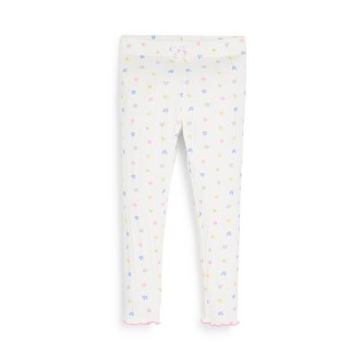 Younger Child White Ribbed Floral Print Leggings