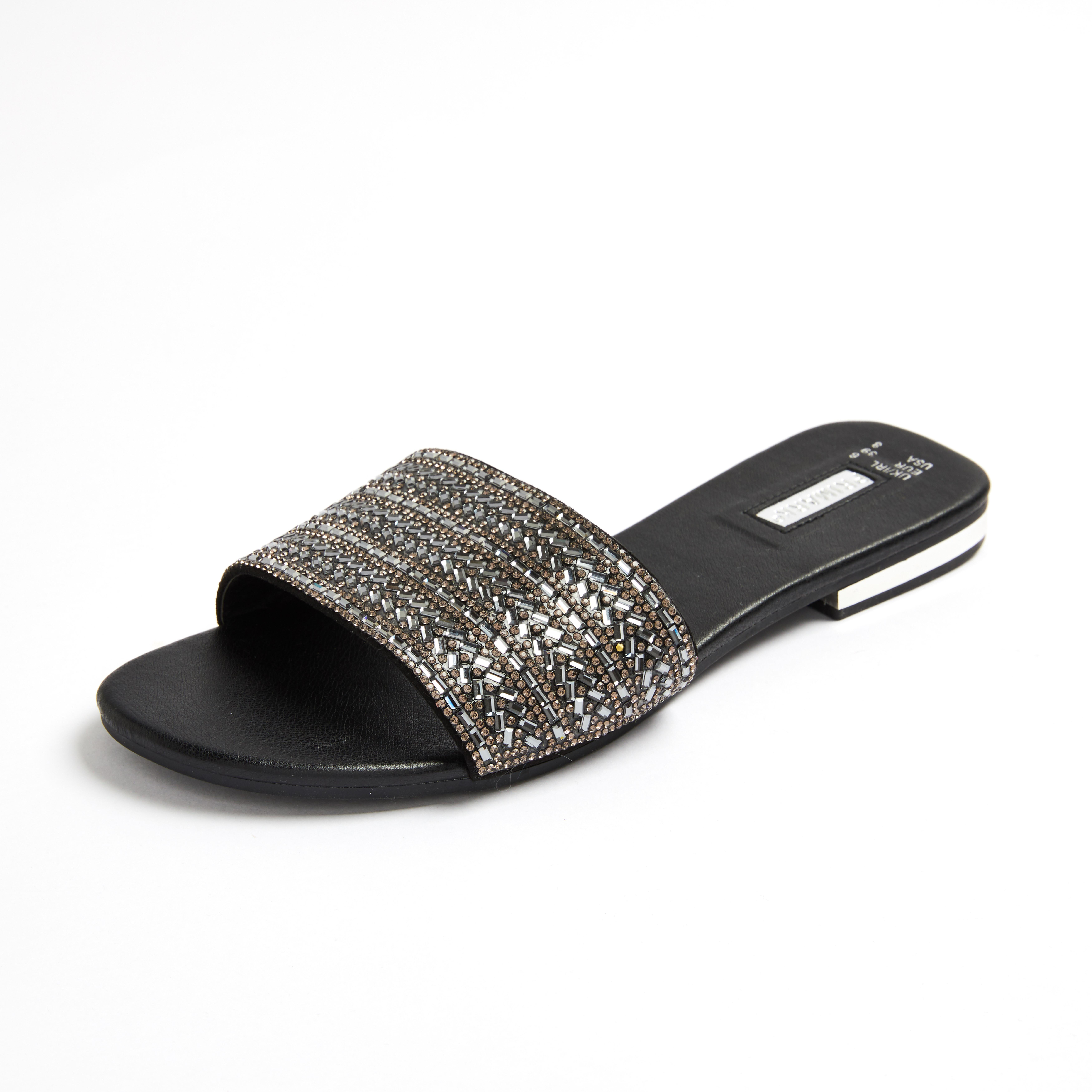 Black Flat Rhinestone Mules | Women's Sandals, Flip Flops & Mules ...