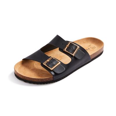 Black Flat Double Strapped Buckled Footbed Sandals