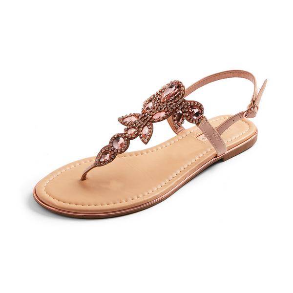 Peach Flat Rhinestone Embellished T-Strap Sandals | Women's Sandals ...