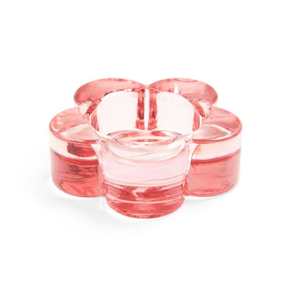 Držalo za čajno svečko iz rožnatega stekla v obliki rožice