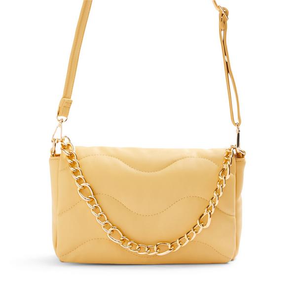 Yellow Faux Leather Wave Quilted Chain Crossbody Bag