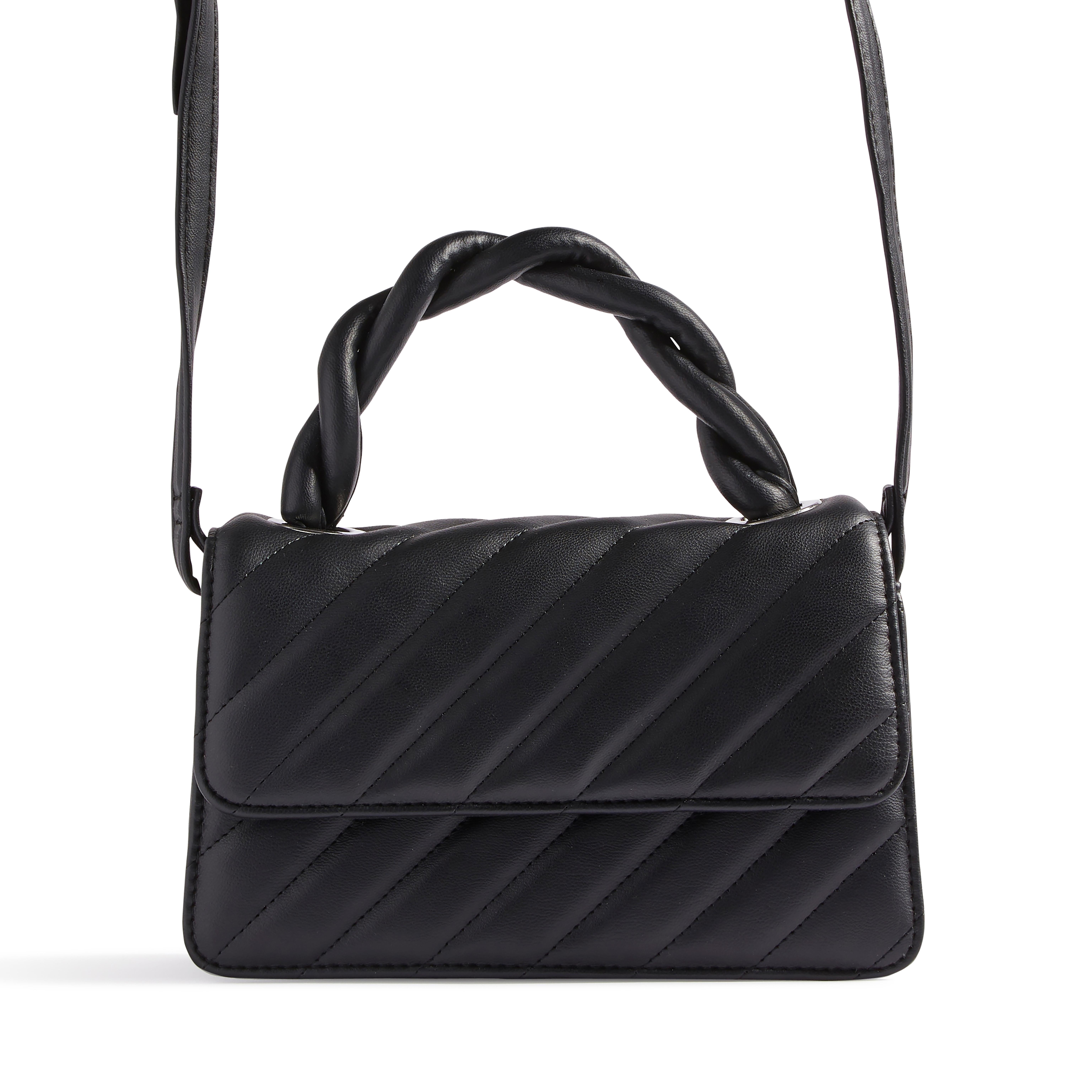 Black Faux Leather Quilted Top Handle Crossbody Bag Crossbody Bags