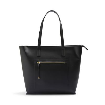 Black Faux PU Leather Zip Pocket Shopper Bag