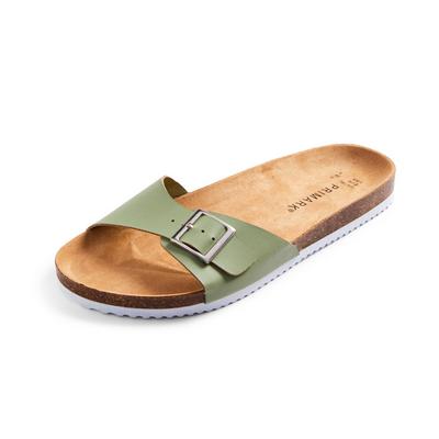 Flache Fußbett-Sandalen in Olivgrün mit Riemen und Schnalle