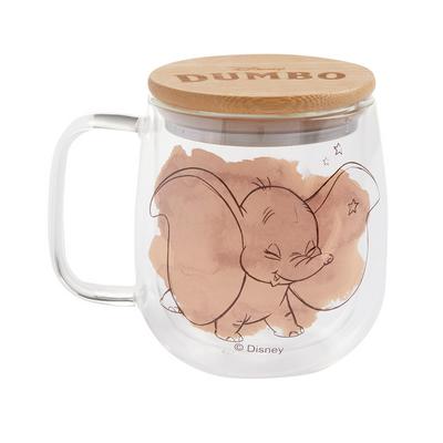 Taza de vidrio con tapa de madera y dibujo de Dumbo de Disney