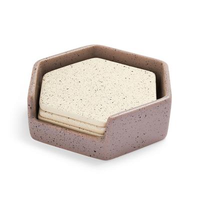 Crèmekleurige gespikkelde stenen onderzetters in taupe houder, set van 4