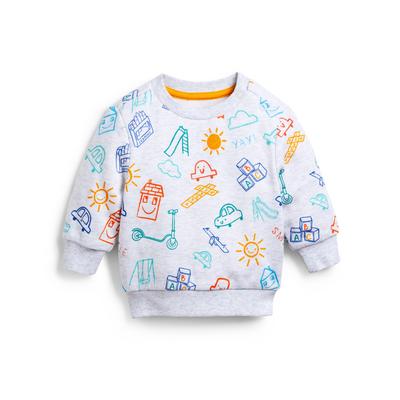 Baby Boy White Printed Crew Neck Sweater