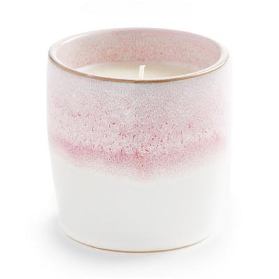 Vela de una sola mecha en recipiente esmaltado rosa y blanco