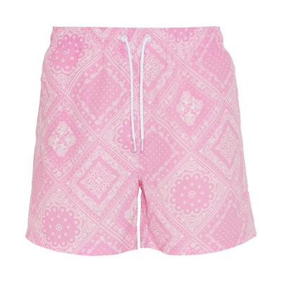 Pantalón corto rosa con estampado de cachemira y efecto desgastado
