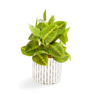 White Etched Stripe Faux Plant And Pot