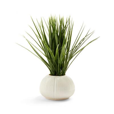 White Embossed Tall Grass Faux Plant And Pot