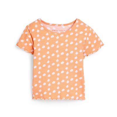T-shirt arancione a coste con stampa all-over margherite da bambina