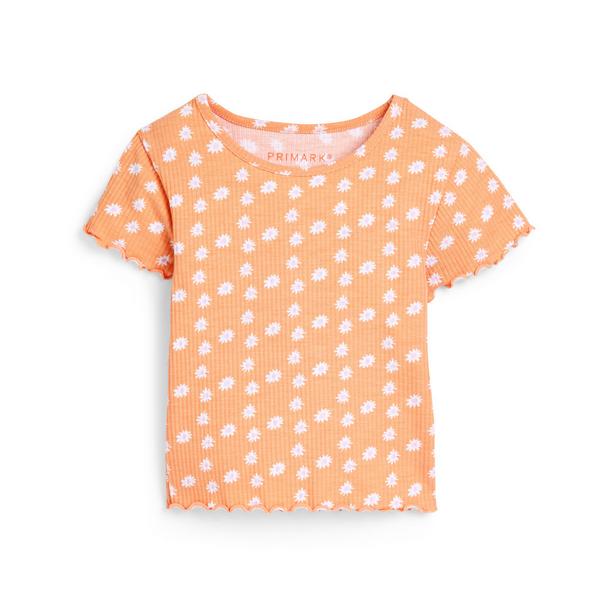 Younger Child Orange Daisy Print Ribbed T-Shirt