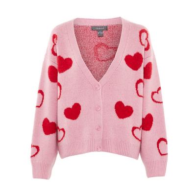 Pink Heart Embossed V-Neck Cardigan