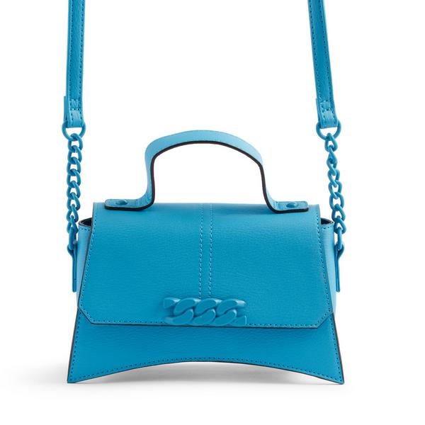 Blue PU Leather Chain Detail Curved Bag