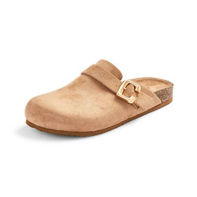 Camel Gold Buckle Mules