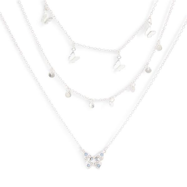 Silvertone Three Row Butterfly Necklace