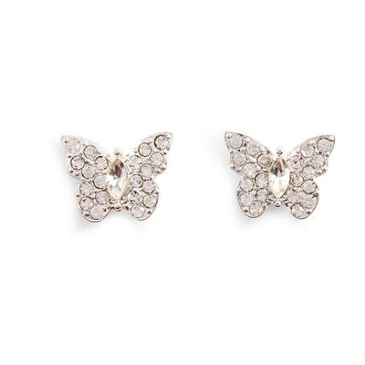 Neviseči uhani srebrne barve z okrasnimi kamenčki v obliki metuljev