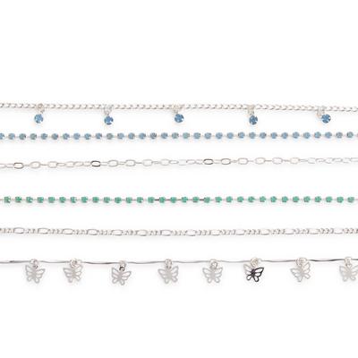 Komplet verižnih zapestnic srebrne barve z obeski metuljev, 6 kosov