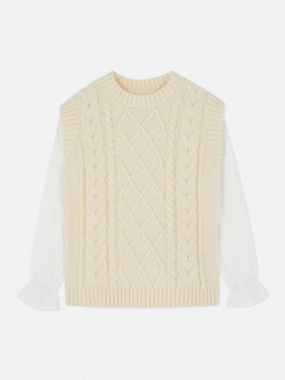 Woven Sleeve Cable Knit Sweater