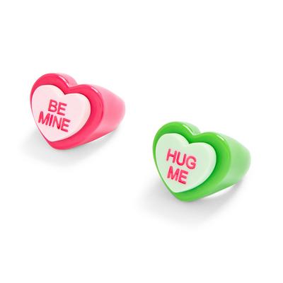 Pink And Green Love Heart Rings, 2-Pack