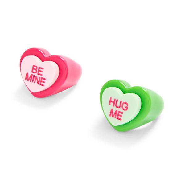 Pink And Green Love Heart Rings, 2-Pack