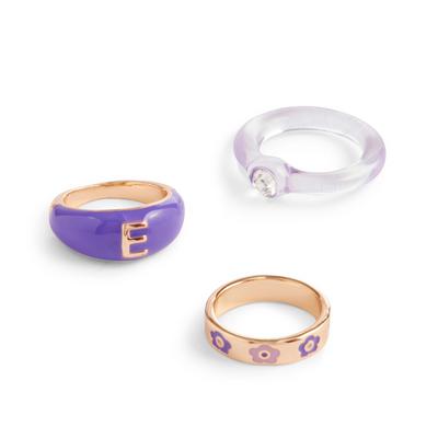 Goudkleurige en paarse ringen met initiaal, set van 3