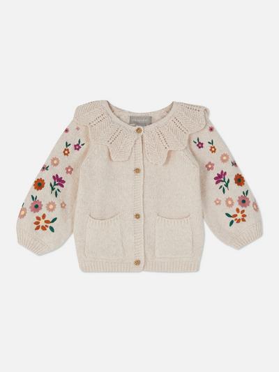 Floral Embroidery Crochet Collar Cardigan