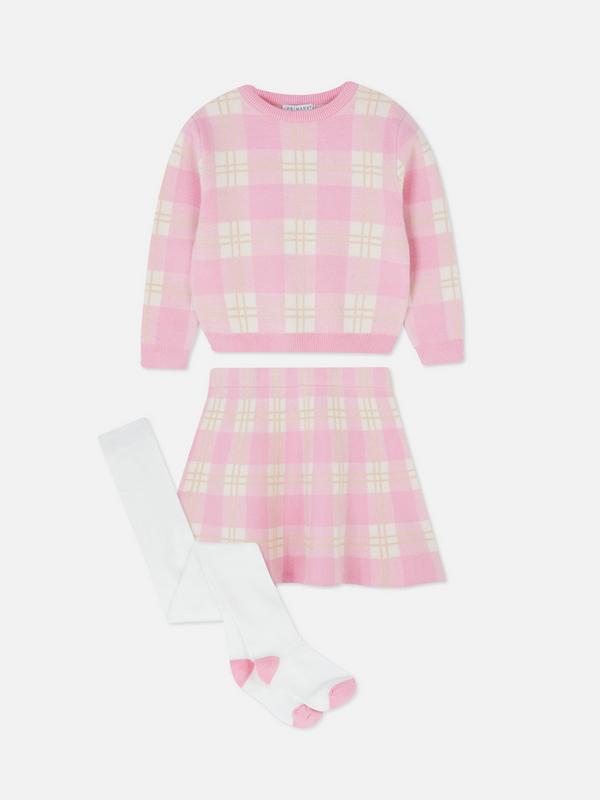 Checked Knitted Jumper and Skirt Set
