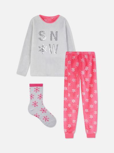 Pyjamaset aus Fleece mit Schneeflocken und Pailletten