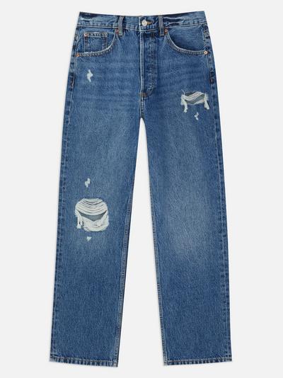 Katoenen jeans met rechte pijpen en scheuren