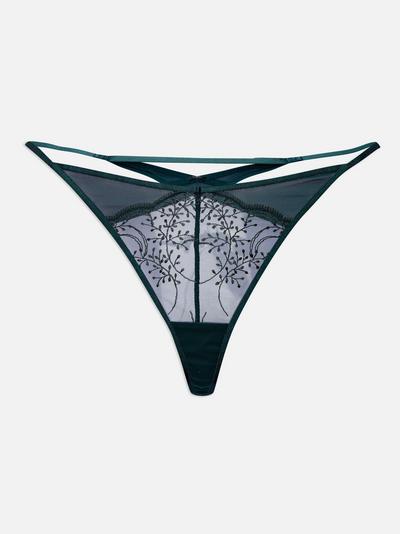 Leaf Embroidered Mesh Thong