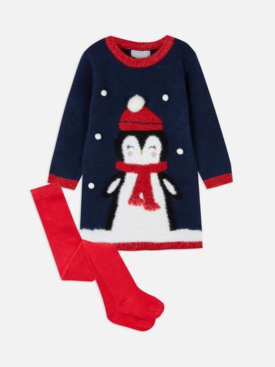 Christmas Penguin Jumper Dress and Tights Set