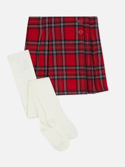 Conjunto de falda a cuadros escoceses con botones y leotardos