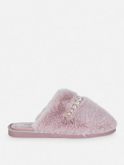 Faux Pearl Detail Fluffy Slippers