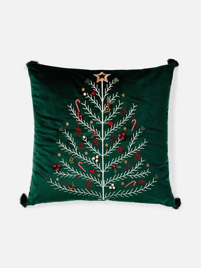 Christmas Tree Embroidered Velvet Cushion