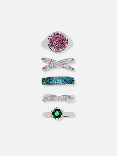 5 Pack Multicolour Diamante Rings