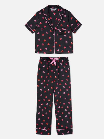 Set de pijamale din satin cu inimioare