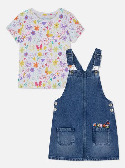 Set aus Jeans-Latzkleid und T-Shirt mit Blumenmuster