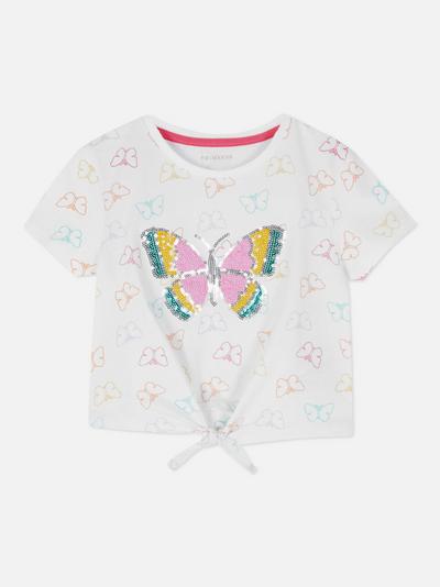 Majica s kratkimi rokavi z metuljem in bleščicami