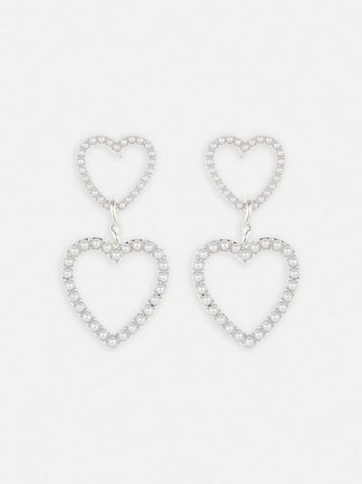 Faux Pearl Double Heart Drop Earrings