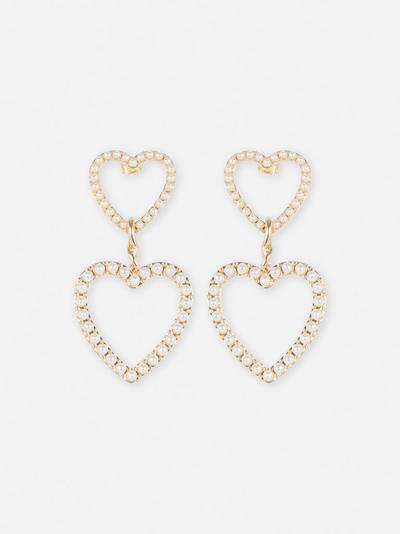 Faux Pearl Double Heart Drop Earrings